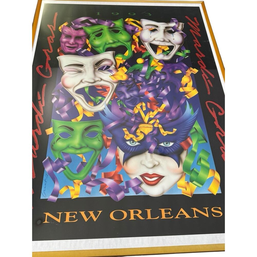 1993 Mardi Gras New Orleans Party Poster Signed Masks Attributed Frankie Flores‎